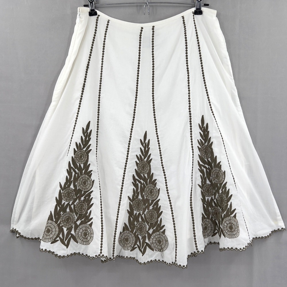 Ann Taylor Women's Embroidered Floral Midi Skirt Scalloped‎ Hem White Olive 6